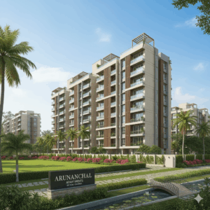 Front view of Arunanchal Apartment Sector 7 Dwarka showing spacious 4BHK residential complex with greenery.
