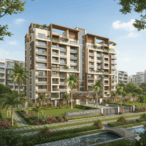 Front view of Vrindaban Apartment Sector 6 Dwarka showcasing elegant architecture and green surroundings.