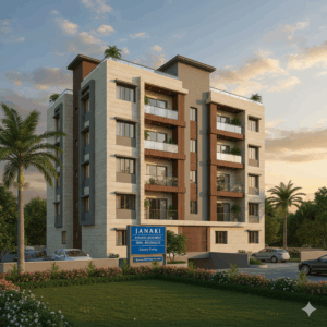 Front view of Janki Apartment in Sector 22 Dwarka showing a modern residential building with balconies, trees, and the society name displayed prominently.