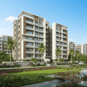 Front view of Progressive Apartment Sector 3 Dwarka showing a well-maintained residential building with balconies and greenery.