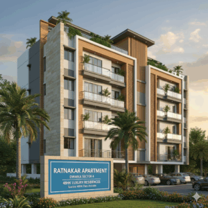 Front view of Ratnakar Apartment in Sector 4 Dwarka showing a modern residential building with balconies, green surroundings, and clear skies.