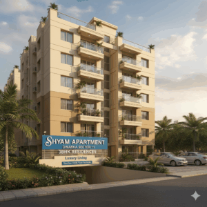 Front view of Shyam Apartment in Dwarka Sector 11 showing a beige six-story residential building with balconies, surrounded by greenery and a name board reading “Shyam Apartment Dwarka Sector 11.