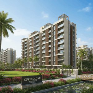 Front view of Sukh Sagar Apartment Sector 9 Dwarka showcasing modern architecture and green surroundings.