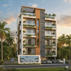 Front view of Surya Apartment Sector 6 Dwarka showing modern architecture, balconies, and lush green surroundings.