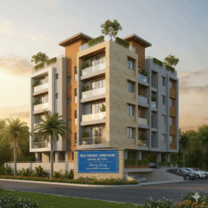 Front view of True Friends Apartment in Sector 6 Dwarka showing a multi-story residential building with balconies, greenery, and clear blue skies.