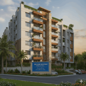 Front view of Welcome Apartment in Sector 3 Dwarka showing a premium residential building with balconies, greenery, and a gated entrance.