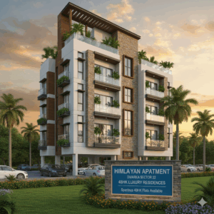 Front view of Himalayan Apartment in Sector 22 Dwarka showing a high-rise residential building with balconies, landscaped greenery, and a gated entrance.