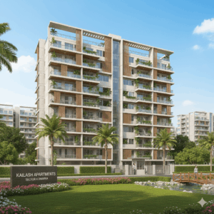 Front view of Kailash Apartment Sector 4 Dwarka showing modern residential architecture with greenery and open surroundings.