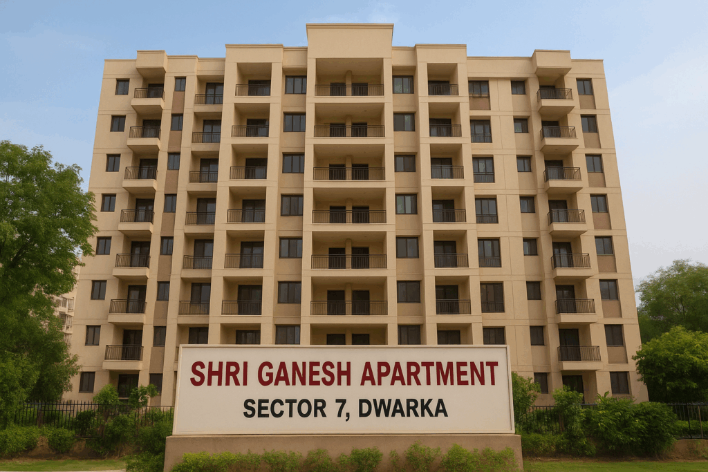 Shri Ganesh Apartment, Sector 7 Dwarka – residential complex with balconies and landscaped greenery.