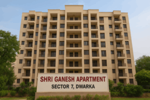 Shri Ganesh Apartment, Sector 7 Dwarka – residential complex with balconies and landscaped greenery.